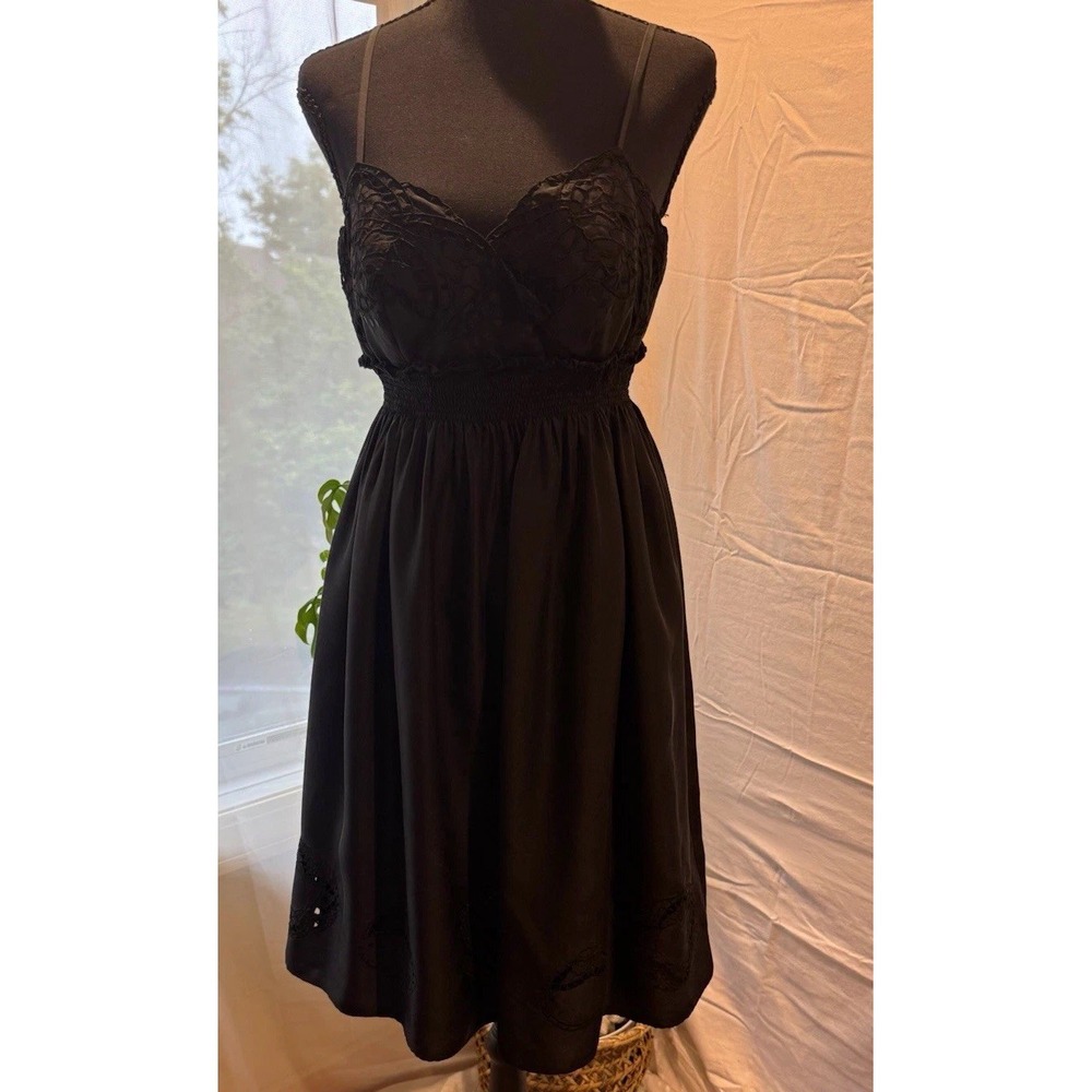 Vintage Women's Black Lace Embroidered Fit & Flare Knee Dress Sweetheart Zip S